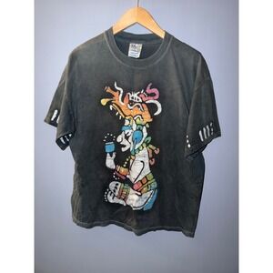 M&O Knits HeavyWeight Vintage Mayan Aztec Batik Graphic T-Shirt Black Large